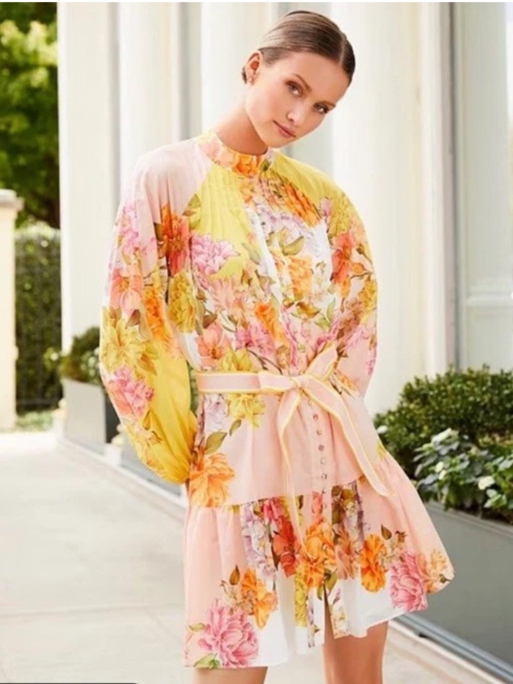 NWT Antonio Melani Brynn Floral Print Dress Mock Neck Self-Tie Button Front Dres